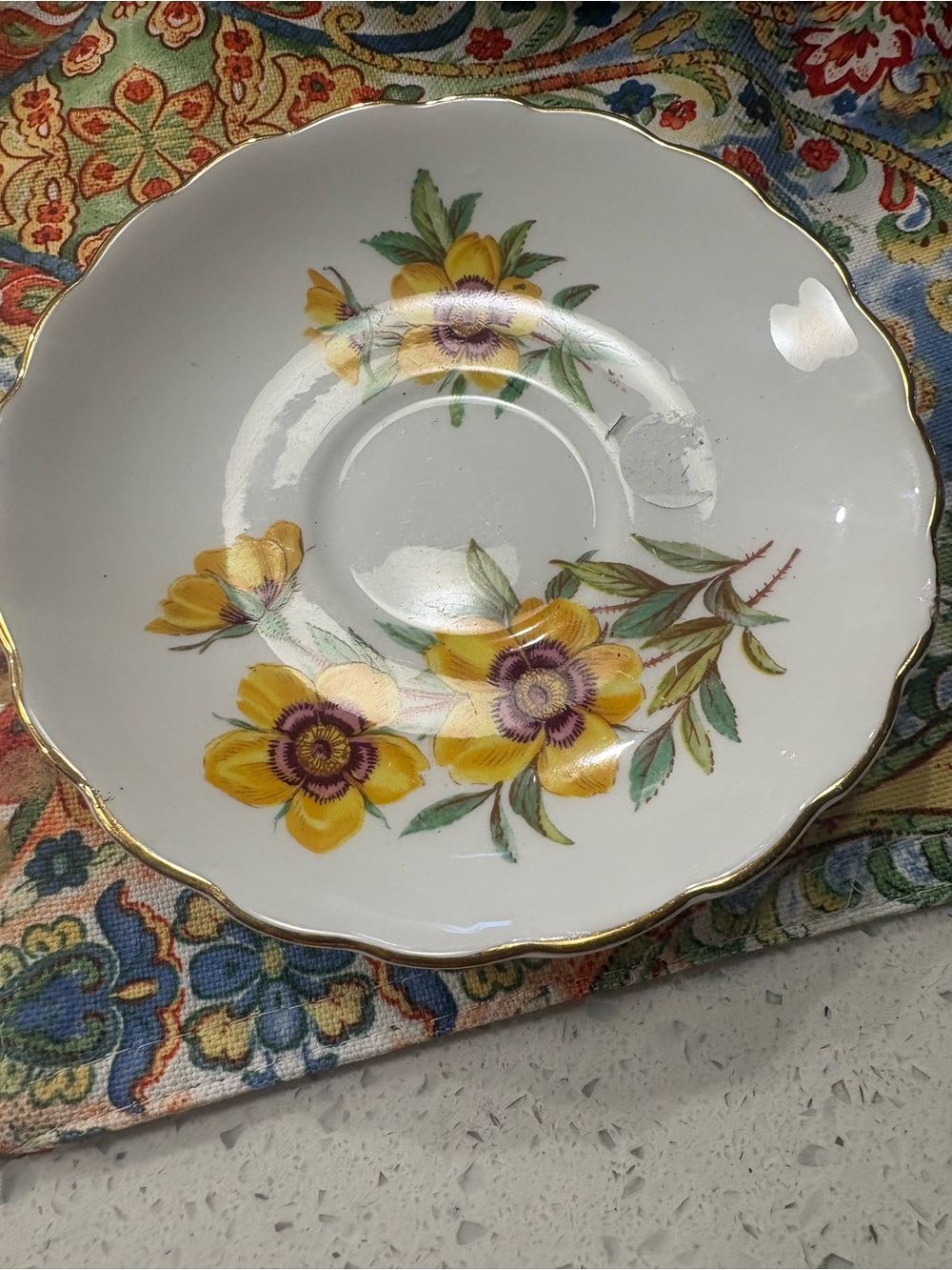 Yellow Floral Porcelain Bowl with Gold Trim